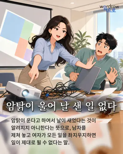 한국어 속담 “암탉이 울어 날 샌 일 없다” 1컷 일러스트