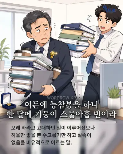 한국어 속담 “여든에 능참봉을 하니 한 달에 거둥이 스물아홉 번이라” 1컷 일러스트