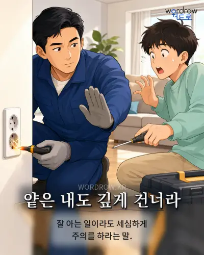 한국어 속담 “얕은 내도 깊게 건너라” 1컷 일러스트
