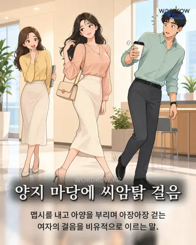 한국어 속담 “양지 마당에 씨암탉 걸음” 1컷 일러스트