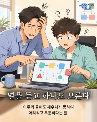 한국어 속담 “열을 듣고 하나도 모른다” 1컷 일러스트