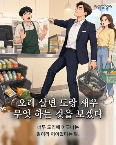 한국어 속담 “오래 살면 도랑 새우 무엇 하는 것을 보겠다” 1컷 일러스트
