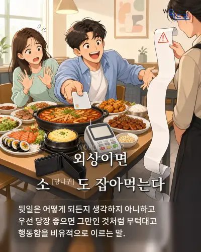 한국어 속담 “외상이면 소[당나귀]도 잡아먹는다” 1컷 일러스트