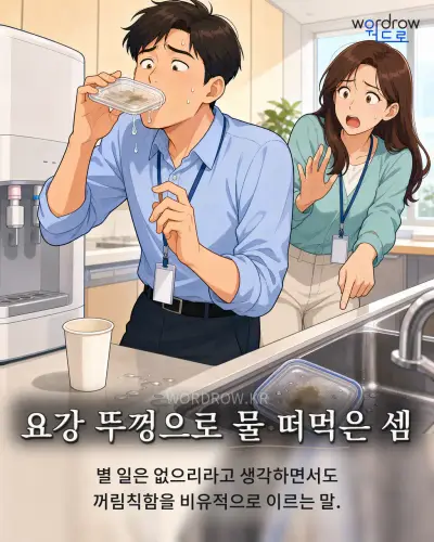 한국어 속담 “요강 뚜껑으로 물 떠먹은 셈” 1컷 일러스트