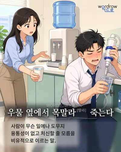한국어 속담 “우물 옆에서 목말라[말라] 죽는다” 1컷 일러스트
