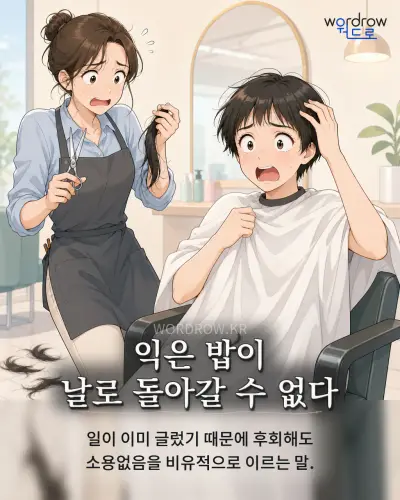 한국어 속담 “익은 밥이 날로 돌아갈 수 없다” 1컷 일러스트