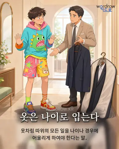 한국어 속담 “옷은 나이로 입는다” 1컷 일러스트