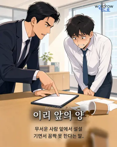 한국어 속담 “이리 앞의 양” 1컷 일러스트
