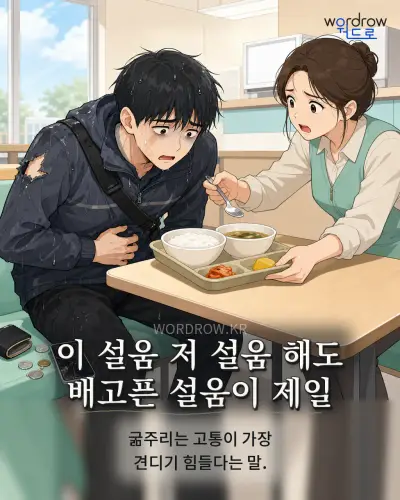 한국어 속담 “이 설움 저 설움 해도 배고픈 설움이 제일” 1컷 일러스트
