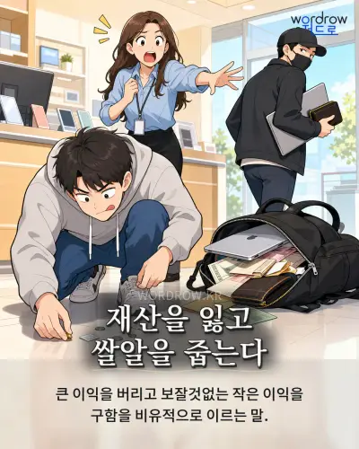 한국어 속담 “재산을 잃고 쌀알을 줍는다” 1컷 일러스트
