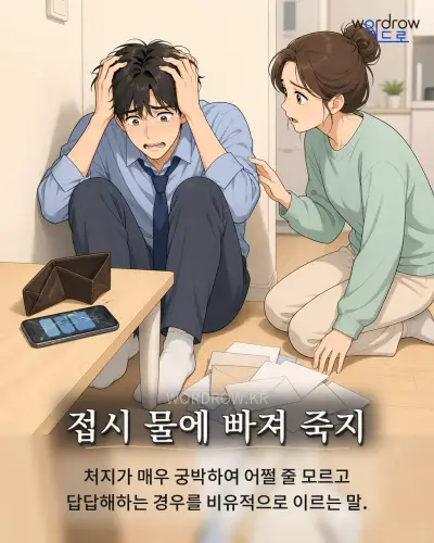 한국어 속담 “접시 물에 빠져 죽지” 1컷 일러스트