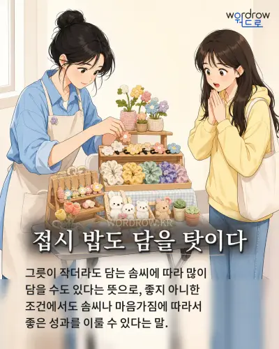 한국어 속담 “접시 밥도 담을 탓이다” 1컷 일러스트