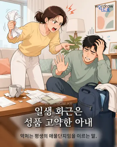 한국어 속담 “일생 화근은 성품 고약한 아내” 1컷 일러스트