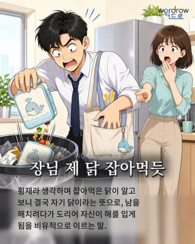 한국어 속담 “장님 제 닭 잡아먹듯” 1컷 일러스트