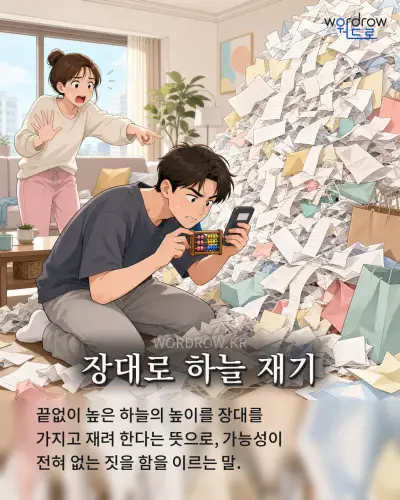 한국어 속담 “장대로 하늘 재기” 1컷 일러스트