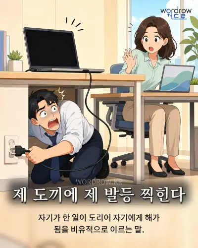 한국어 속담 “제 도끼에 제 발등 찍힌다” 1컷 일러스트