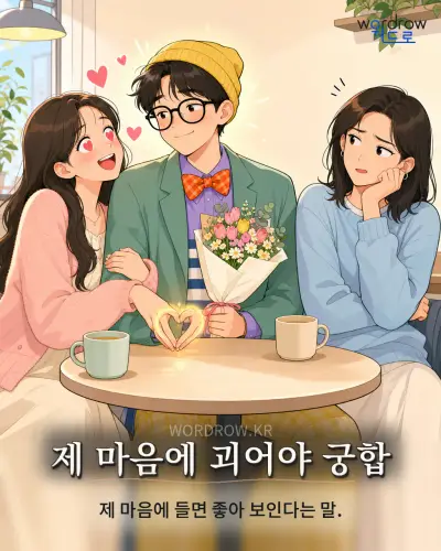 한국어 속담 “제 마음에 괴어야 궁합” 1컷 일러스트