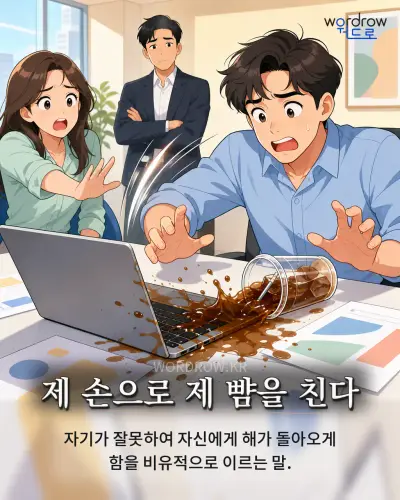 한국어 속담 “제 손으로 제 뺨을 친다” 1컷 일러스트