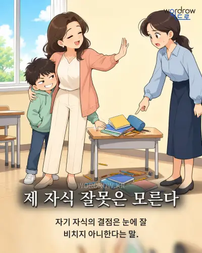 한국어 속담 “제 자식 잘못은 모른다” 1컷 일러스트