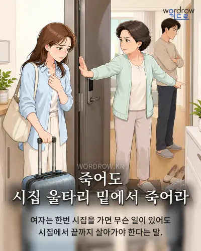 한국어 속담 “죽어도 시집 울타리 밑에서 죽어라” 1컷 일러스트