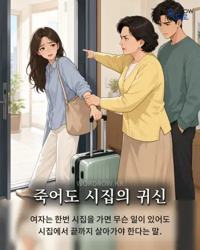 한국어 속담 “죽어도 시집의 귀신” 1컷 일러스트
