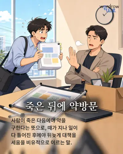 한국어 속담 “죽은 뒤에 약방문” 1컷 일러스트