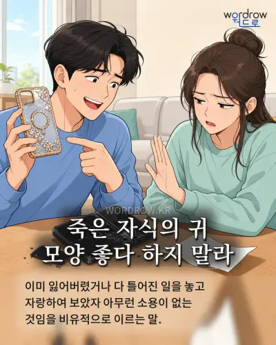 한국어 속담 “죽은 자식의 귀 모양 좋다 하지 말라” 1컷 일러스트