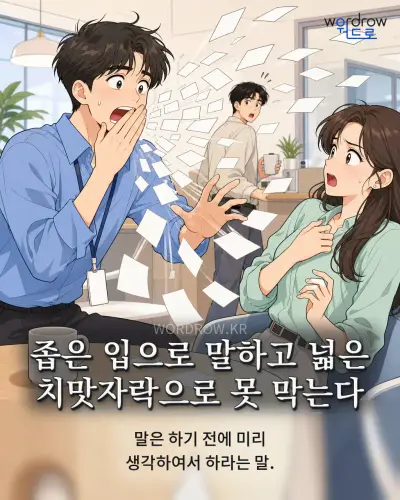 한국어 속담 “좁은 입으로 말하고 넓은 치맛자락으로 못 막는다” 1컷 일러스트