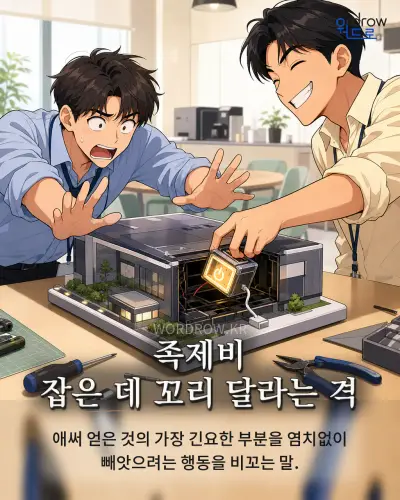 한국어 속담 “족제비 잡은 데 꼬리 달라는 격” 1컷 일러스트