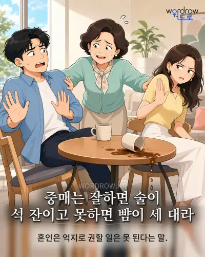 한국어 속담 “중매는 잘하면 술이 석 잔이고 못하면 뺨이 세 대라” 1컷 일러스트