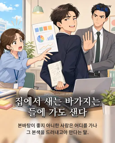 한국어 속담 “집에서 새는 바가지는 들에 가도 샌다” 1컷 일러스트