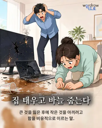 한국어 속담 “집 태우고 바늘 줍는다” 1컷 일러스트