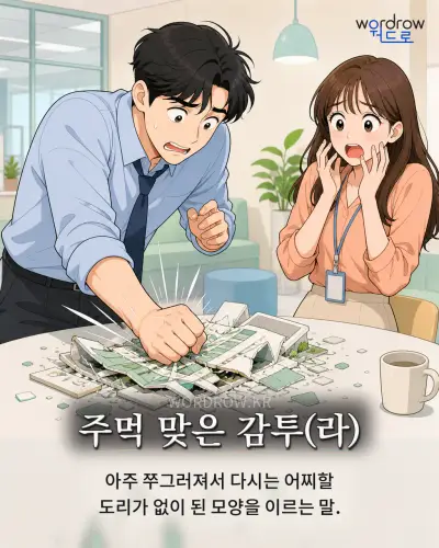 한국어 속담 “주먹 맞은 감투(라)” 1컷 일러스트