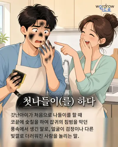 한국어 속담 “첫나들이(를) 하다” 1컷 일러스트