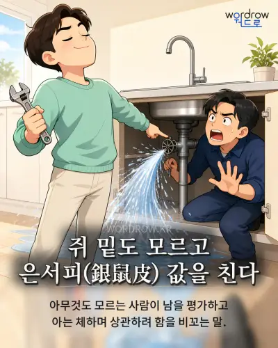 한국어 속담 “쥐 밑도 모르고 은서피(銀鼠皮) 값을 친다” 1컷 일러스트