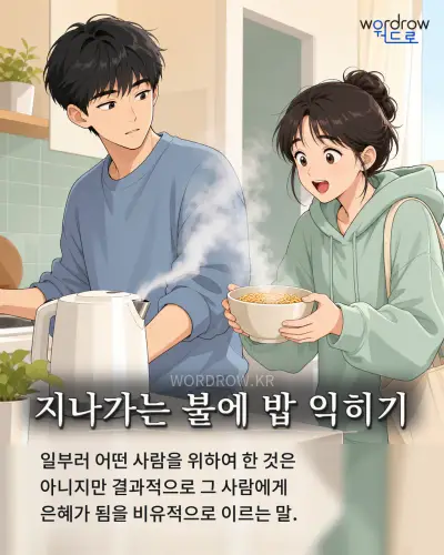 한국어 속담 “지나가는 불에 밥 익히기” 1컷 일러스트