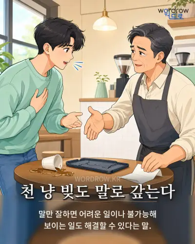 한국어 속담 “천 냥 빚도 말로 갚는다” 1컷 일러스트