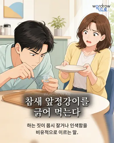 한국어 속담 “참새 앞정강이를 긁어 먹는다” 1컷 일러스트