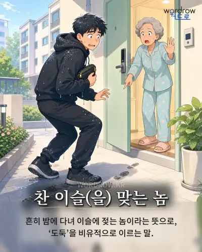 한국어 속담 “찬 이슬(을) 맞는 놈” 1컷 일러스트