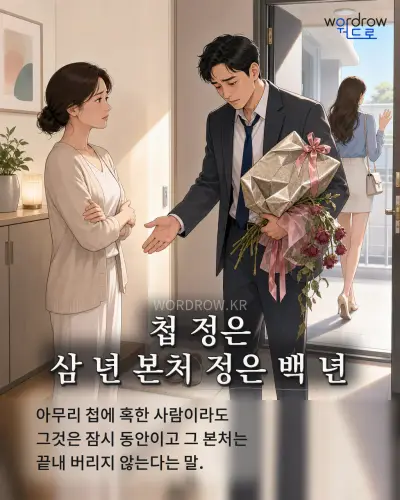 한국어 속담 “첩 정은 삼 년 본처 정은 백 년” 1컷 일러스트