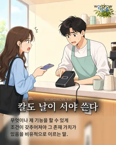 한국어 속담 “칼도 날이 서야 쓴다” 1컷 일러스트