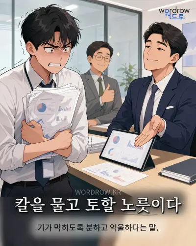 한국어 속담 “칼을 물고 토할 노릇이다” 1컷 일러스트