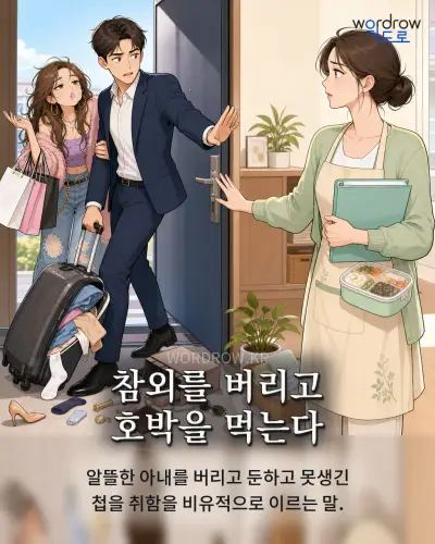 한국어 속담 “참외를 버리고 호박을 먹는다” 1컷 일러스트