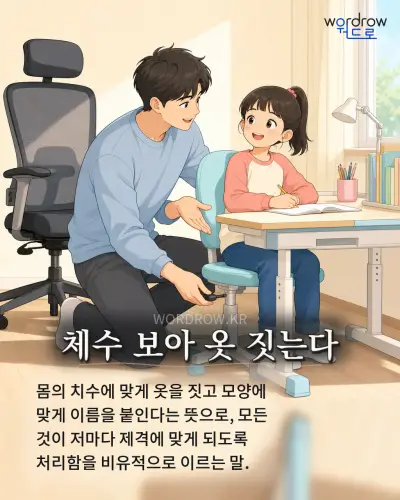 한국어 속담 “체수 보아 옷 짓는다” 1컷 일러스트