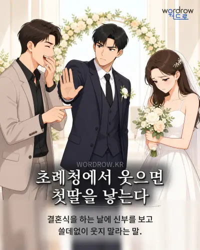 한국어 속담 “초례청에서 웃으면 첫딸을 낳는다” 1컷 일러스트