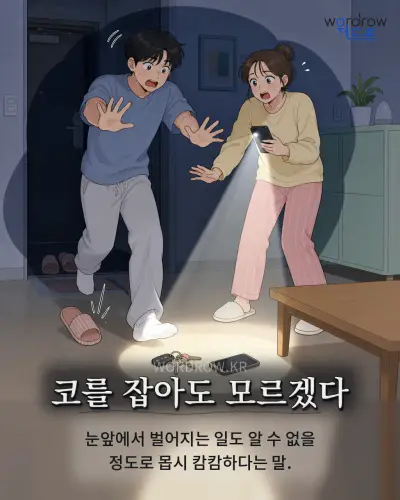 한국어 속담 “코를 잡아도 모르겠다” 1컷 일러스트