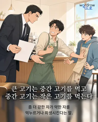 한국어 속담 “큰 고기는 중간 고기를 먹고 중간 고기는 작은 고기를 먹는다” 1컷 일러스트