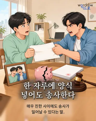 한국어 속담 “한 자루에 양식 넣어도 송사한다” 1컷 일러스트
