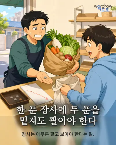한국어 속담 “한 푼 장사에 두 푼을 밑져도 팔아야 한다” 1컷 일러스트