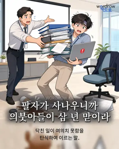 한국어 속담 “팔자가 사나우니까 의붓아들이 삼 년 맏이라” 1컷 일러스트